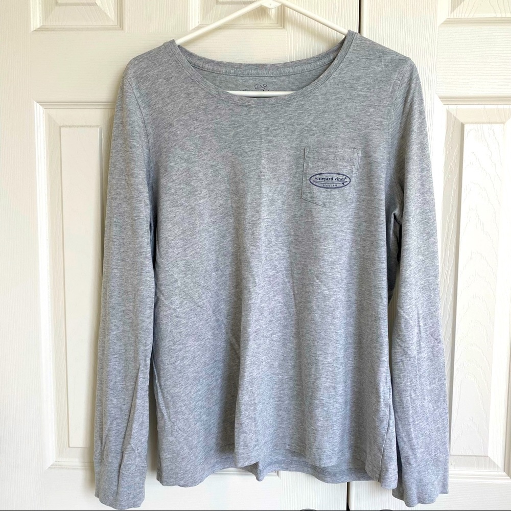 Vineyard Vines Womens Large Gray Vintage Surf Logo Long Sleeve Pocket T-Shirt